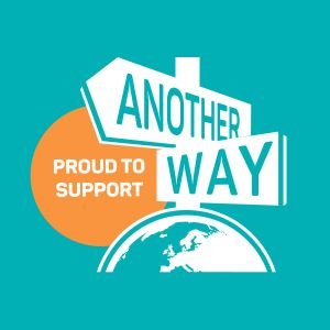 Global Recognition &Amp; Credentials 10 A blue background with white text reading 'Another Way, proud to support,' featuring an illustration of a globe and a signpost. The charity Another Way's mission is to empower people to live with kindness towards our planet