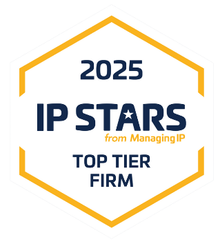Global Recognition &Amp; Credentials 3 IP Stars from Managing IP Top Tier Firm 2025 Award graphic.